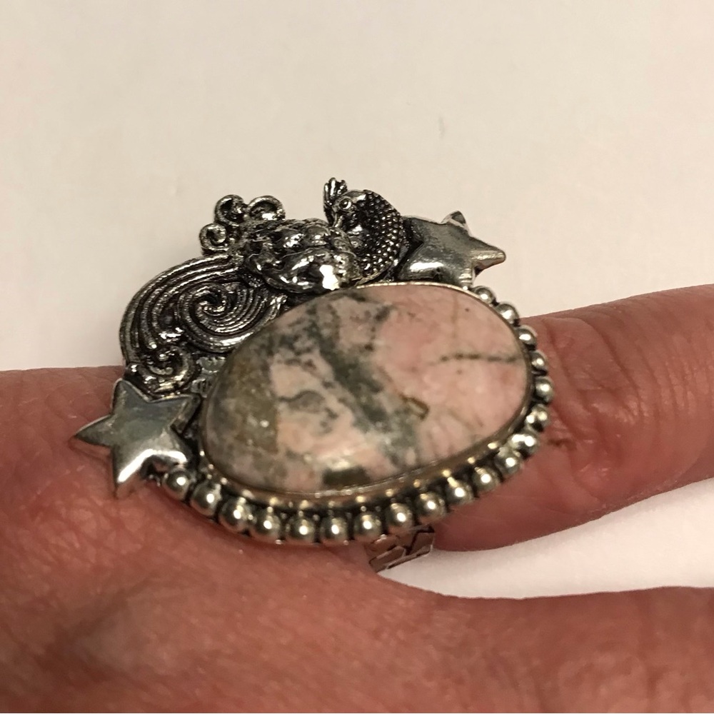 Peruvian Pink Opal Stamped 925 Sterling Silver Ring